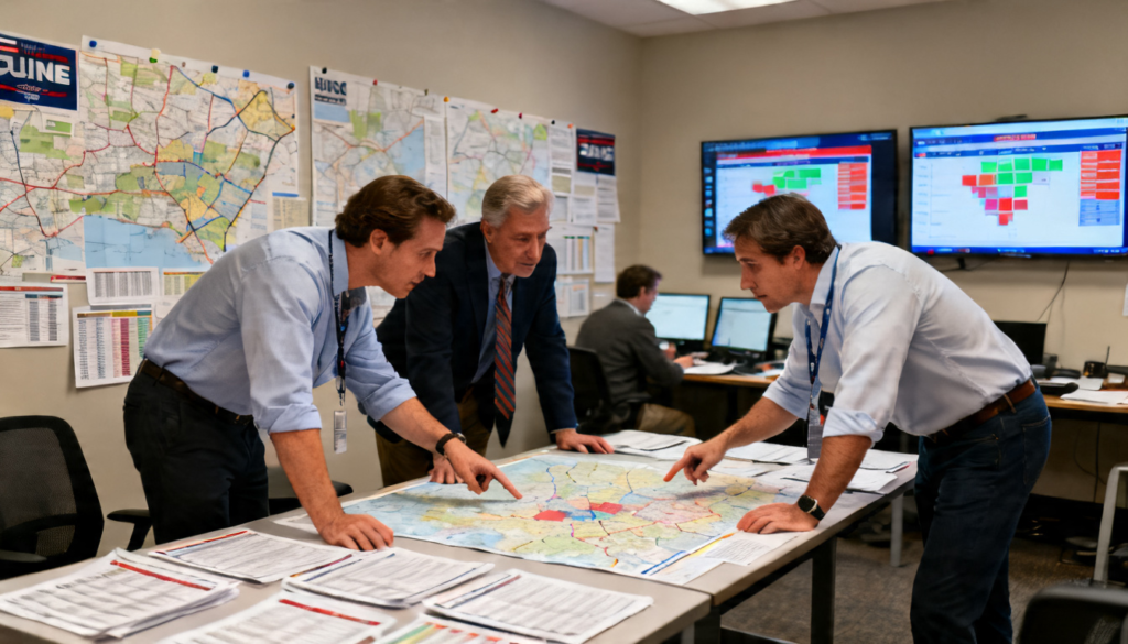 Campaign strategists gathered around a large electoral map pinned to a wall, reviewing voter data and swing state projections
