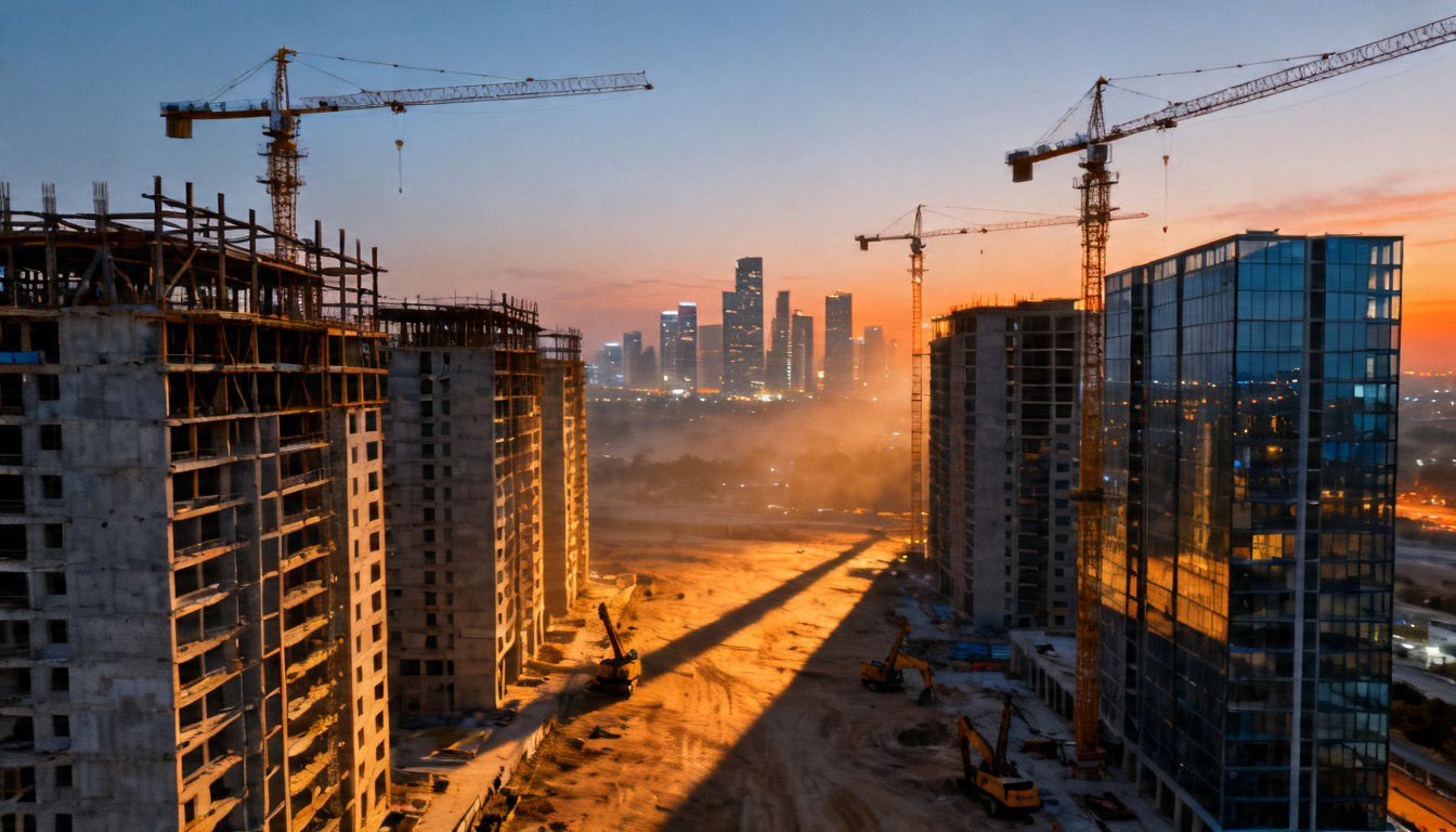 Multiple construction cranes silhouetted against an orange dusk sky over a dense urban skyline, with half-built high-rise towers in the foreground