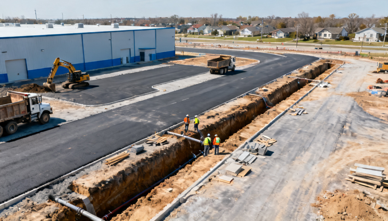 Construction cranes and a new manufacturing facility being built in a mid-size American city as global brands expand investment beyond coastal metros