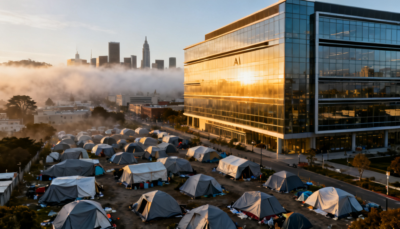 Street view of San Francisco's SoMa district showing an AI startup office building alongside a tent encampment, illustrating the unintended consequences of the tech boom