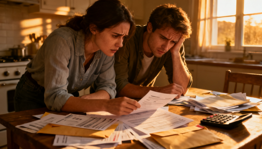 Person reviewing mortgage loan documents at a kitchen table representing the financial pressure facing first-time homebuyers as mortgage rates remain between 6.5 and 7 percent locking millions out of the American housing market
