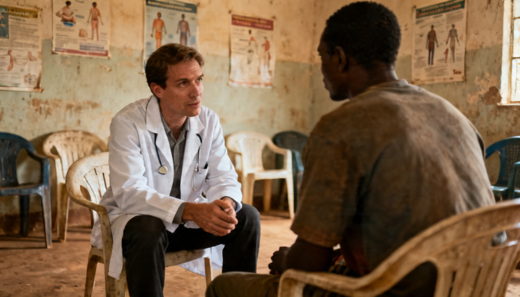 A rural American patient consulting with a physician inside a small-town clinic, highlighting limited but essential healthcare access in underserved communities.
