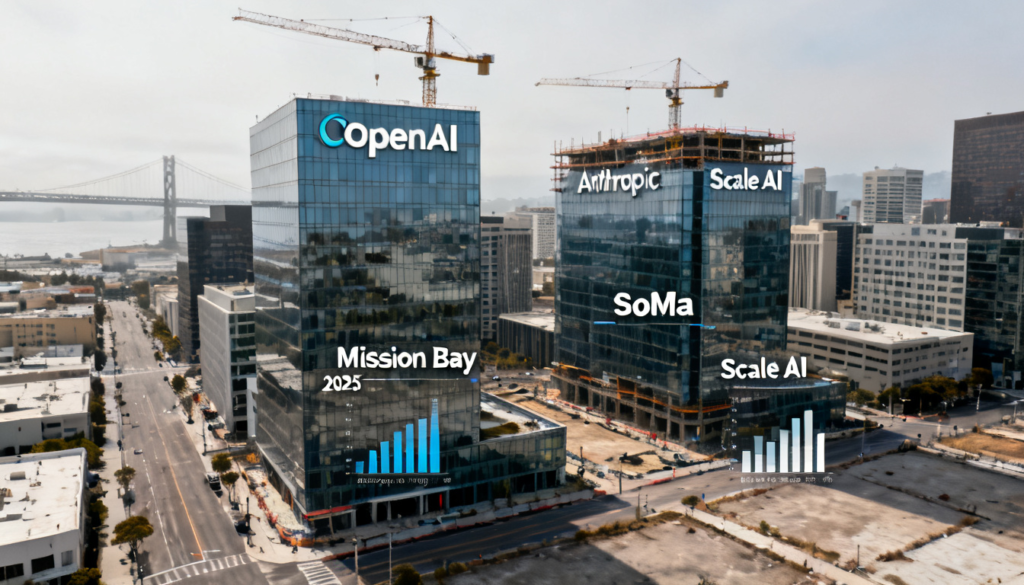 Modern AI company office building in San Francisco Mission Bay neighborhood where AI firms have leased over 4.3 million square feet of commercial space since 2022 driving the city's economic recovery