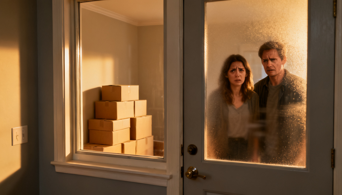 Young American couple standing outside a house with a for sale sign looking uncertain, reflecting how the housing dream is slipping away for millions of first-time buyers in 2025