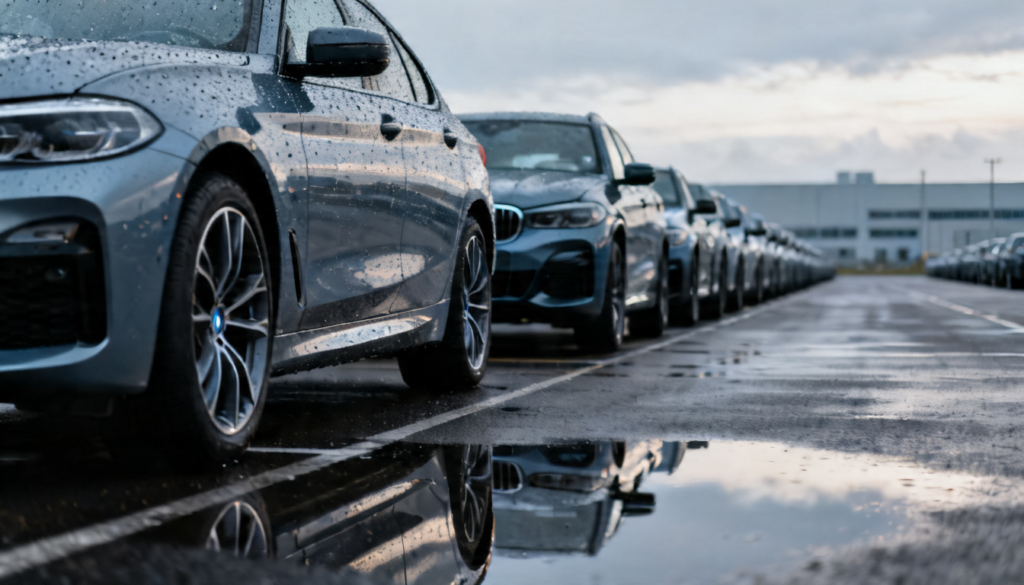 Rows of finished BMW vehicles at the Spartanburg South Carolina manufacturing plant showing global brand investment in secondary American cities