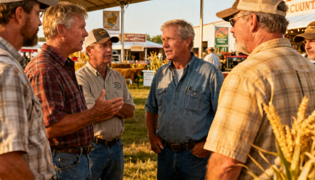 Crowds of rural Midwestern voters at an Iowa county fair, representing grassroots political conversations shaping the 2024 election in flyover country