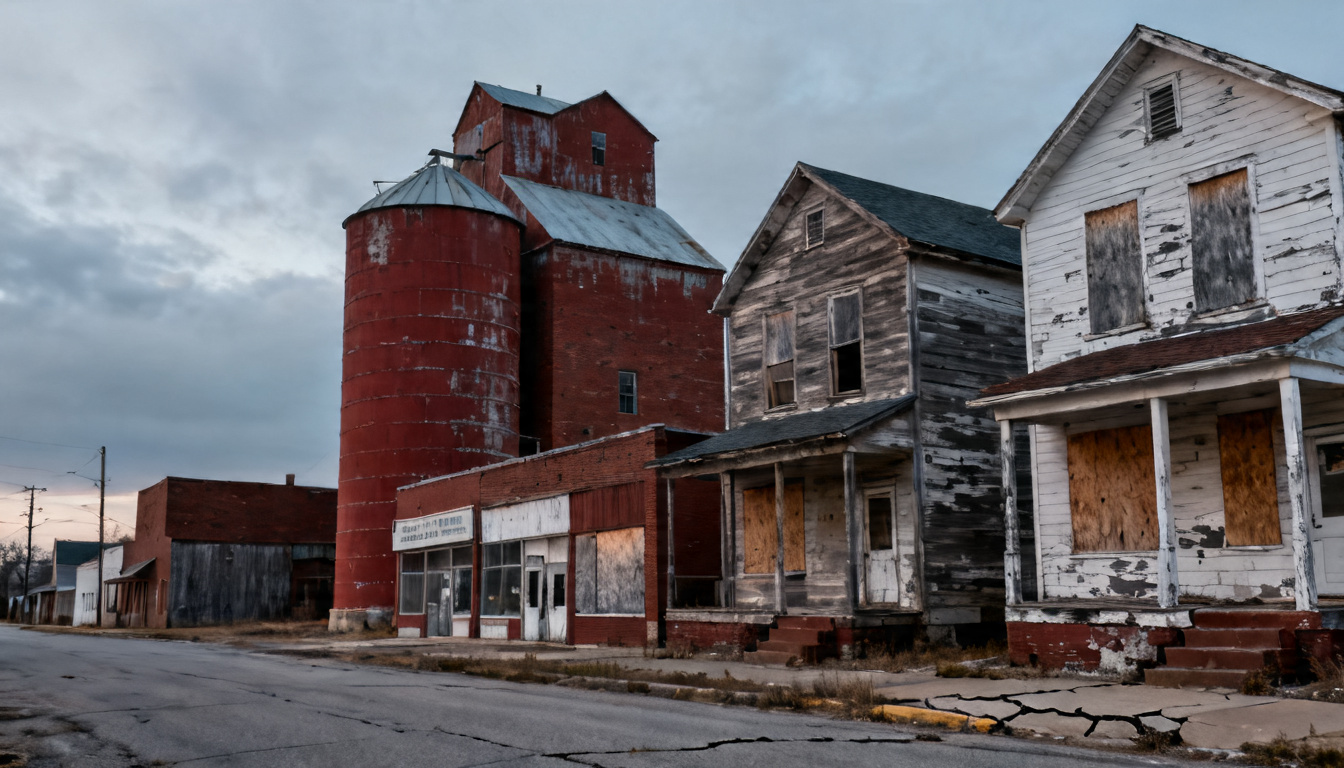 Aerial view of a Midwestern small town with grain silos and empty factory buildings, symbolizing the political shift in America's heartland