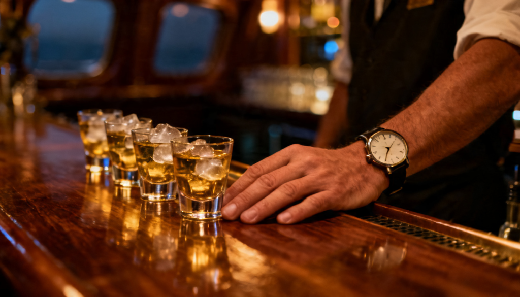 Row of tequila shots representing the 14 drinks served to nurse Diana Sanders over 8.5 hours on a Carnival Cruise before her fall and $300K lawsuit win