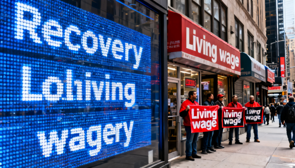 Wall Street stock market ticker showing recovery while Main Street struggles with economic inequality in America