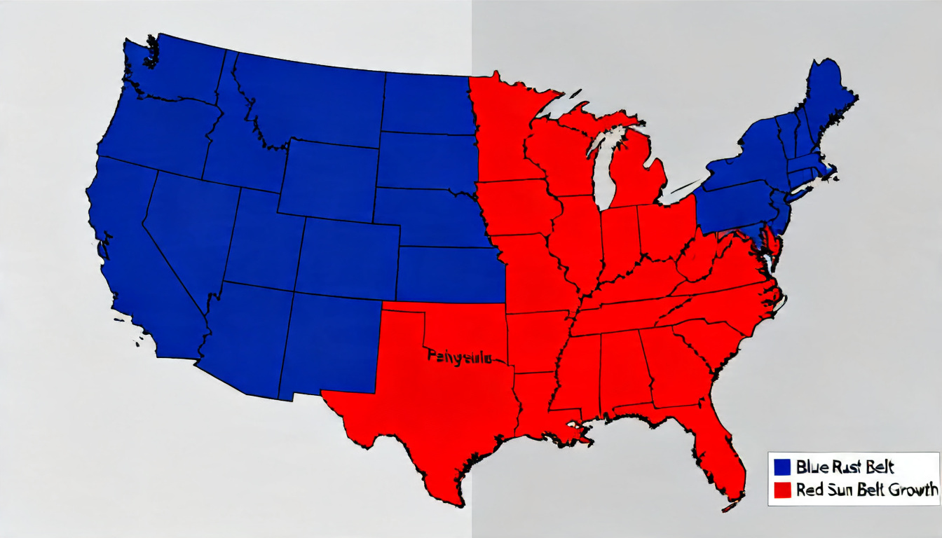 Color-coded U.S. electoral map highlighting Sun Belt states in red and Rust Belt states in blue showing political realignment trends