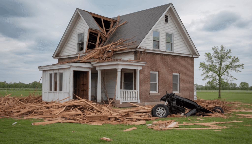 Central Ohio tornado touching down near Pataskala on April 9 2026 with dark funnel cloud over rural fields and suburban homes