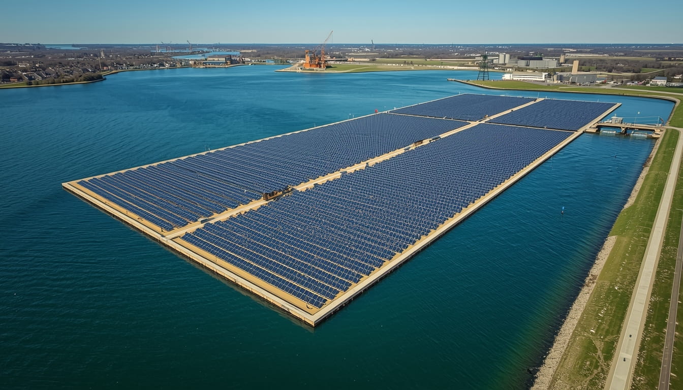 Aerial view of the United States’ largest floating solar farm on Lake Erie in northern Ohio, showing 200 acres of sun-tracking solar panels on the water surface generating clean energy for 15,000 homes while reducing harmful algae blooms