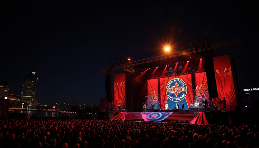 Rock & Roll Hall of Fame induction ceremony night in Cleveland Ohio April 17 2026 with Ohio music legends performing on stage and packed crowd celebrating