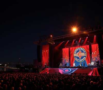 Rock & Roll Hall of Fame induction ceremony night in Cleveland Ohio April 17 2026 with Ohio music legends performing on stage and packed crowd celebrating