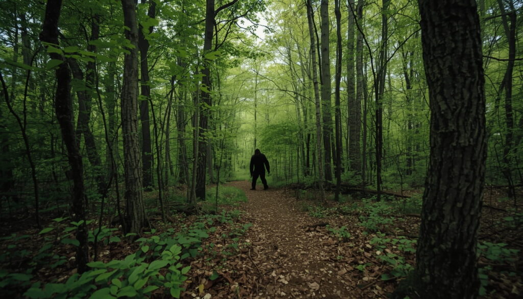 Tall hairy Bigfoot figure walking through misty Ohio woods during spring 2026 sighting wave